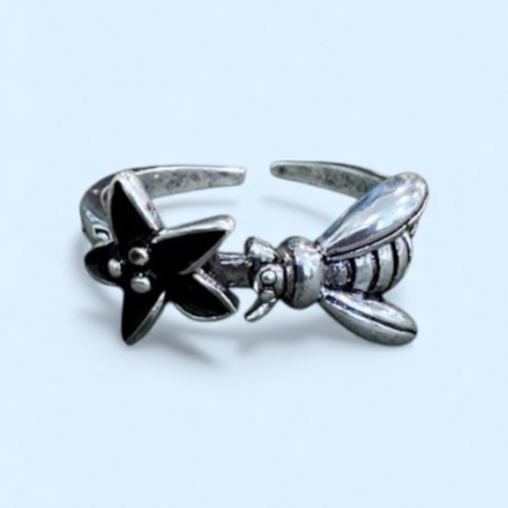 Sterling Silver Bee & Flower Ring Adjustable